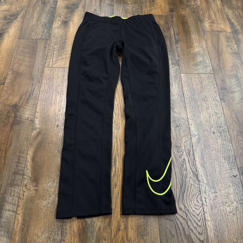 Nike Therma-FIT Mens S Black Neon Yellow Fleece Training Pants Running Ankle Zip